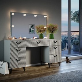 Masuta machiaj cu Oglinda LED si 7 Sertare pentru Cosmetice, Set Masa toaleta 150 cm, Gri, masuta cosmetica, vanity - SEG213