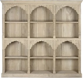 Bibliotecă sculptată manual din lemn masiv, finisaj natural, 9 nișe cu arcade mughal, 204×38×196 cm, „Navaratna"