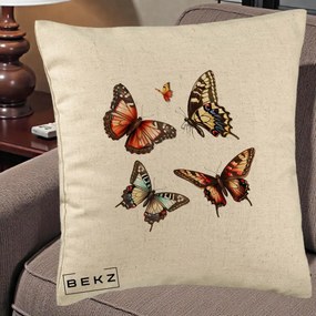 Perna Decorativa Colectie Fluturi Multicolori, 40x40 cm, Bej, Husa Detasabila, Perna Inclusa, BEKZ®