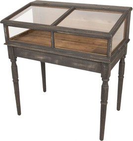 Vitrină vintage French Country din lemn, gri, cu capac vitrat rabatabil și picioare strunjite, 85 x 80 x 46 cm, „Véranne”