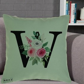 Cadou Personalizat - Perna Personalizata Monograma Florala Litera W cu Trandafiri si Anemona, 40x40 cm, Verde, Husa Detasabila, Perna Inclusa, BEKZ®