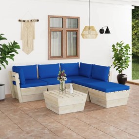 Set mobilier gradina din paleti cu perne, 6 piese, lemn molid Albastru, 2x colt + 2x mijloc + suport pentru picioare + masa, 1