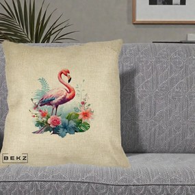 Perna Decorativa Flamingo cu Flori Tropicale Acuarela, 40x40 cm, Crem, Husa Detasabila, Perna Inclusa, BEKZ®