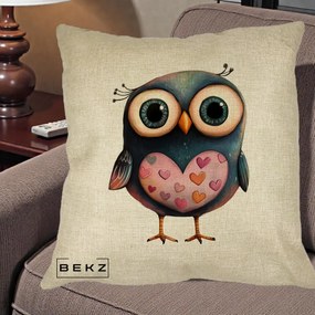 Perna Decorativa Bufnita cu Inimioare Roz, 40x40 cm, Crem, Husa Detasabila, Perna Inclusa, BEKZ®