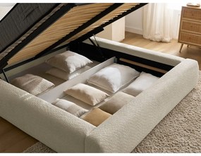 Pat matrimonial bej tapițat cu spațiu de depozitare cu somieră 180x200 cm Orlane – Bobochic Paris
