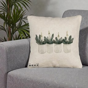 Perna Decorativa Lumanari in Borcane cu Eucalipt, 40x40 cm, Bej Canapea, Husa Detasabila, Perna Inclusa, BEKZ®