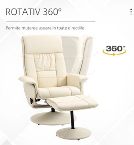 Fotoliu Living si taburet otoman cu baza infasurata, Scaun rabatabil rotitor din piele PU cu suport de picioare, Crem Alb | Aosom Romania