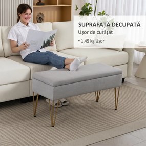 HOMCOM Bancă cu Depozitare din Material Textil și Picioare din Oțel, 100x40x49 cm, Gri Deschis | Aosom Romania