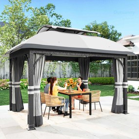 Outsunny Pavilion de Grădină cu Perdele, Plasă, Acoperiș Ventilat și Cadru Metalic Galvanizat, 395x330x294 cm, Gri | Aosom Romania