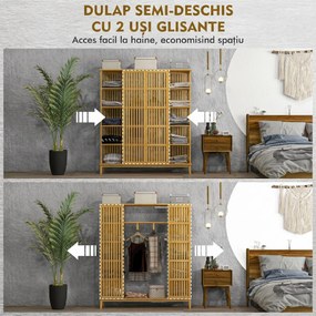 HOMCOM Dulap Deschis din Bambus cu 2 Uși Glisante, Garderobă cu Rafturi și Bară de Haine, 145x35x165 cm, Lemn Natural | Aosom Romania