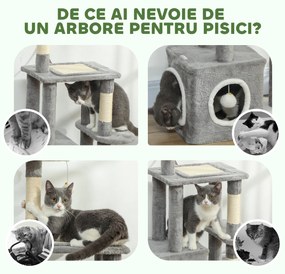 PawHut Ansamblu de joacă zgârietoare pentru pisici cu căsuță, pat și 2 mingi, din lemn și pluș, 55x40x107 cm, gri și alb | Aosom Romania