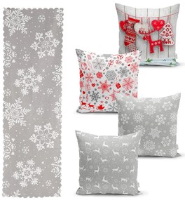 Set 4 fețe de pernă și un napron de masă cu model de Crăciun Minimalist Cushion Covers Snowflakes
