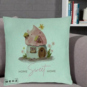 Perna Decorativa Home Sweet Home Casuta, 40x40 cm, Verde Menta, Husa Detasabila, Perna Inclusa, BEKZ®
