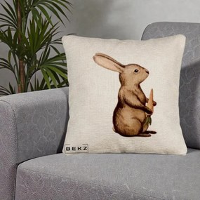 Perna Decorativa Iepuras Acuarela cu Morcov, 40x40 cm, Bej Canapea, Husa Detasabila, Perna Inclusa, BEKZ®