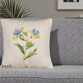 Perna Decorativa Botanica Frezie Galbena si Albastra, 40x40 cm, Bej Canapea, Husa Detasabila, Perna Inclusa, BEKZ®
