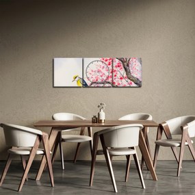 Tablou - Pasăre pe un copac cu flori roșii (cu ceas) (90x30 cm)