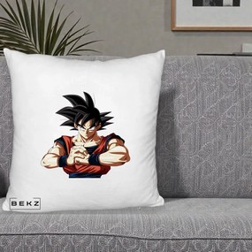 Perna Personalizata Dragon Ball Goku Portret Serios, 40x40 cm, Alb Pufos, Husa Detasabila, Perna Inclusa, BEKZ®