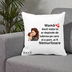 Cadou pentru Mama - Perna Personalizata Mama Nemuritoare cu Bebelus Lineart, 40x40 cm, Alba Mata, Husa Detasabila, Perna Inclusa, BEKZ®