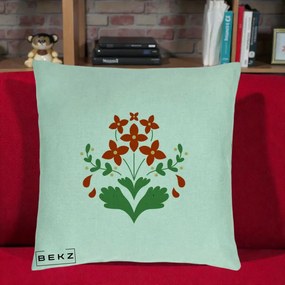 Perna Decorativa Buchet Floral Folk Rosu-Verde, 40x40 cm, Verde Menta, Husa Detasabila, Perna Inclusa, BEKZ®