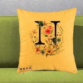 Cadou Personalizat - Perna Personalizata Monogram Litera N cu Flori Acuarela, 40x40 cm, Galben, Husa Detasabila, Perna Inclusa, BEKZ®