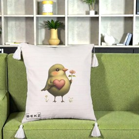Perna Decorativa Pasare Verde cu Inima si Floare, 40x40 cm, Bej cu Franjuri, Husa Detasabila, Perna Inclusa, BEKZ®