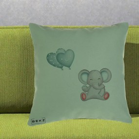Perna Decorativa, Model Elefant si baloane in forma de inimioare, 40x40 cm, Verde, Husa Detasabila, Perna Inclusa, BEKZ®