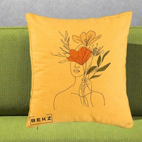 Perna Decorativa Portret Feminin Coroana Florala, 40x40 cm, Galben, Husa Detasabila, Perna Inclusa, BEKZ®