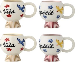 Set 4 căni din ceramică artizanală, pictate manual cu motive florale, păsări și inscripții mediteraneene, multicolor, 8.5×9 cm, „Lindsay"