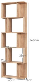 HOMCOM Bibliotecă cu 5 Rafturi Separate cu Spațiu de Economisire în Formă de S din Lemn, 60x24x184,5 cm, Lemn Natural | Aosom Romania