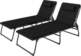 Outsunny Set de 2 șezlonguri pliante pentru grădină cu pernă, spătar reglabil în 5 poziții, buzunar lateral, Negru | Aosom Romania