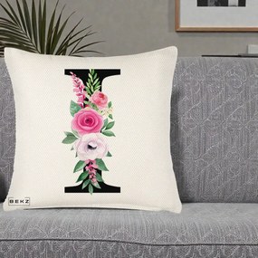 Cadou Personalizat - Perna Personalizata Monograma Florala Litera I, 40x40 cm, Crem Reliefat, Husa Detasabila, Perna Inclusa, BEKZ®