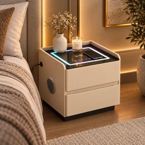 AVÉLIA — Noptieră inteligentă cu încărcare Wireless, Bluetooth Stereo, iluminare RGB, USB + Type-C, Bej