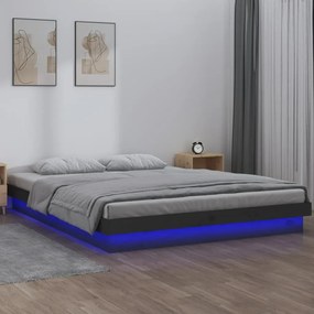 Cadru de pat Double 4FT6 cu LED, gri, 135x190 cm, lemn masiv Gri, 135 x 190 cm