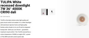 Spot LED incastrabil TULIPA White recessed downlight 7W 36° 4000K CRI90 dali