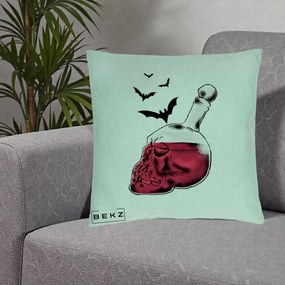 Perna Decorativa Halloween Craniu-Sticla cu Lilieci, 40x40 cm, Verde Menta, Husa Detasabila, Perna Inclusa, BEKZ®