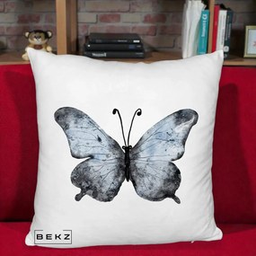 Perna Decorativa Fluture Acuarela Albastru-Gri, 40x40 cm, Alb Pufos, Husa Detasabila, Perna Inclusa, BEKZ®