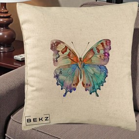 Perna Decorativa Fluture Acuarela Multicolor Portocaliu-Bleu-Mov, 40x40 cm, Bej, Husa Detasabila, Perna Inclusa, BEKZ®