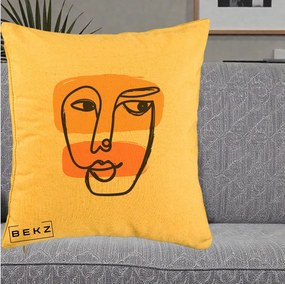 Perna Decorativa Portret Abstract Line Art Portocaliu, 40x40 cm, Galben, Husa Detasabila, Perna Inclusa, BEKZ®