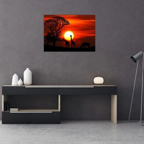 Tablou pe sticlă - Siluete animalelor la apus de soare (70x50 cm)