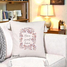 Perna Decorativa Home Sweet Home Frunze Colorate, 40x40 cm, Bej cu Franjuri, Husa Detasabila, Perna Inclusa, BEKZ®