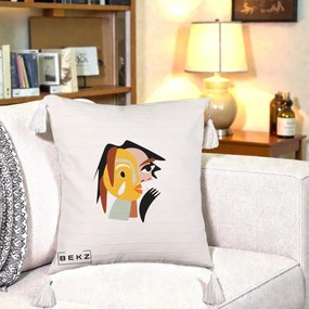 Perna Decorativa Portret Abstract Galben-Ocru, 40x40 cm, Bej cu Franjuri, Husa Detasabila, Perna Inclusa, BEKZ®