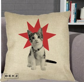 Perna Decorativa Pisica Star Pop Art, 40x40 cm, Crem, Husa Detasabila, Perna Inclusa, BEKZ®