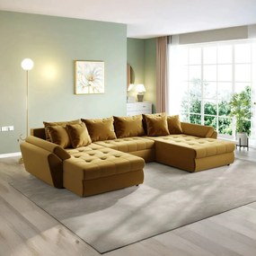 Colțar extensibil dumonde cu ladă de depozitare si sezut confortabil din spuma high-density, Loana U Royal Mustar 355x185 cm