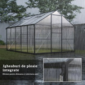 Seră de grădină Outsunny din aluminiu și policarbonat, 7,5㎡, cu ușă cu balamale, 2 ferestre reglabile, sistem de drenaj, anti-UV, 304x247x205cm, negru | Aosom Romania