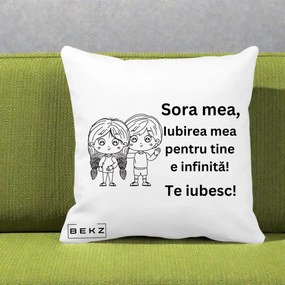 Cadou pentru Sora - Perna Personalizata Sora Mea Te Iubesc Copii Anime Line Art, 40x40 cm, Alba Mata, Husa Detasabila, Perna Inclusa, BEKZ®