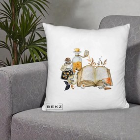 Perna Decorativa Grimoire Vrajitoare si Filtre Magice Halloween, 40x40 cm, Alb Pufos, Husa Detasabila, Perna Inclusa, BEKZ®
