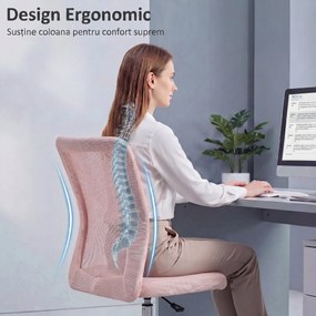 Vinsetto Scaun de Birou Ergonomic, Rotativ, fără Brațe, din Plasă Respirabilă, Înălțime Reglabilă, Roz | Aosom Romania