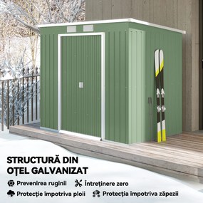 Outsunny Casuta de gradina din otel cu acoperis inclinat, usa glisanta dubla si orificii de aerisire, 213x130x173 cm | Aosom Romania