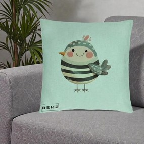 Perna Decorativa Pui Kawaii Teal cu Flori, 40x40 cm, Verde Menta, Husa Detasabila, Perna Inclusa, BEKZ®