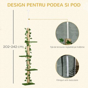 PawHut Stâlp Înalt pentru Pisici cu Tijă de Tensionare din Iută cu Frunze, 37x21x202-242 cm, Verde | Aosom Romania